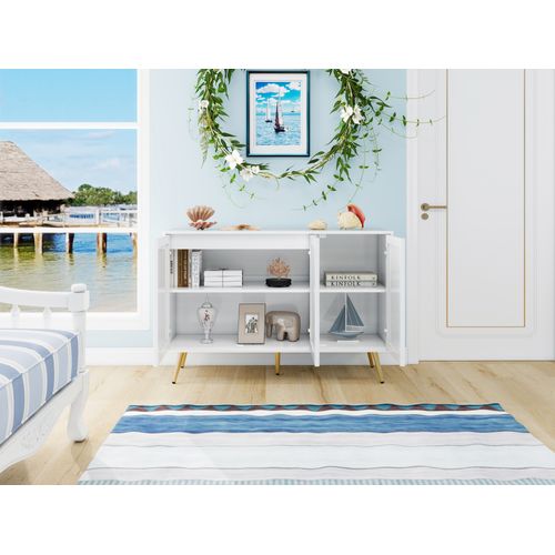 Buffet Blanc 3 Portes 3d Avec Pieds Métalliques Dorés 120×40×80 Cm