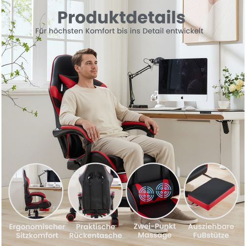 Fauteuil Gaming Ergonomique Noir/rouge Avec Massage, Support Lombaire Et Repose-pieds