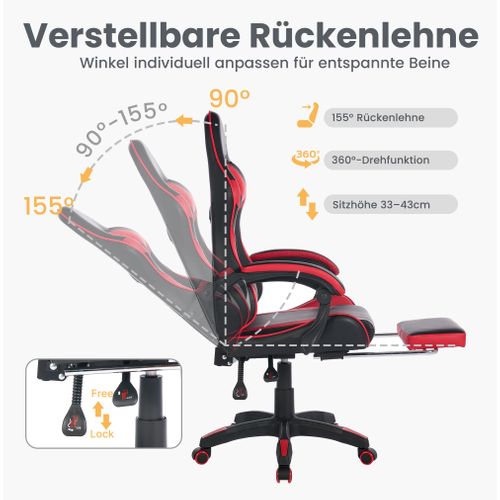 Fauteuil Gaming Ergonomique Noir/rouge Avec Massage, Support Lombaire Et Repose-pieds