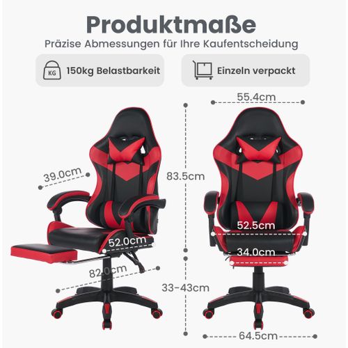 Fauteuil Gaming Ergonomique Noir/rouge Avec Massage, Support Lombaire Et Repose-pieds