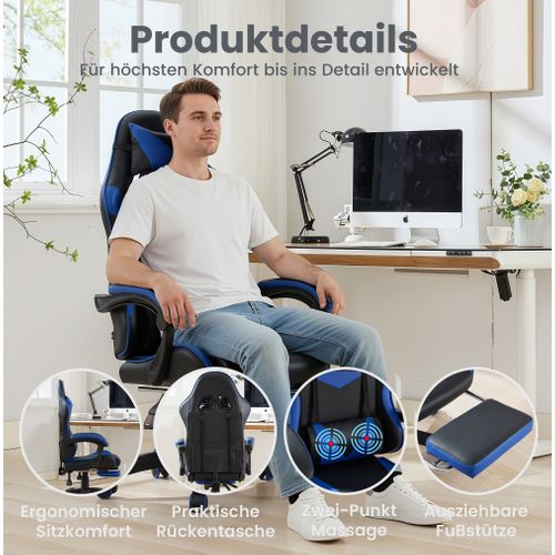 Fauteuil Gaming Ergonomique Noir/bleu Avec Massage, Support Lombaire Et Repose-pieds