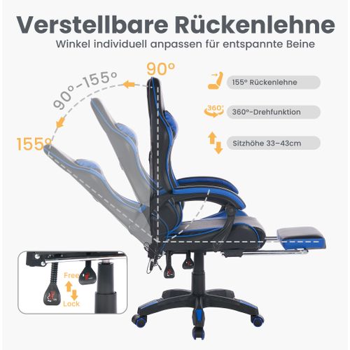 Fauteuil Gaming Ergonomique Noir/bleu Avec Massage, Support Lombaire Et Repose-pieds