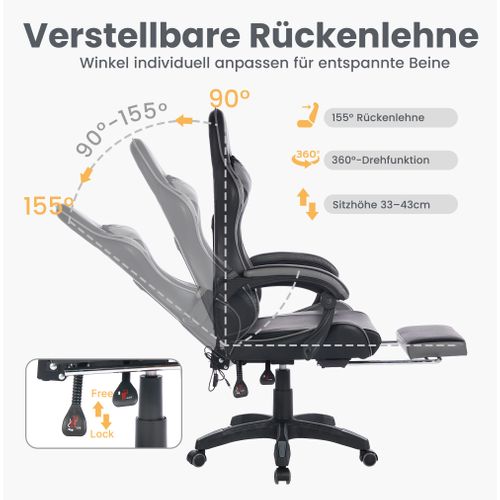 Fauteuil Gaming Ergonomique Noir/gris Avec Massage, Support Lombaire Et Repose-pieds