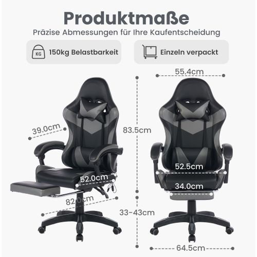 Fauteuil Gaming Ergonomique Noir/gris Avec Massage, Support Lombaire Et Repose-pieds
