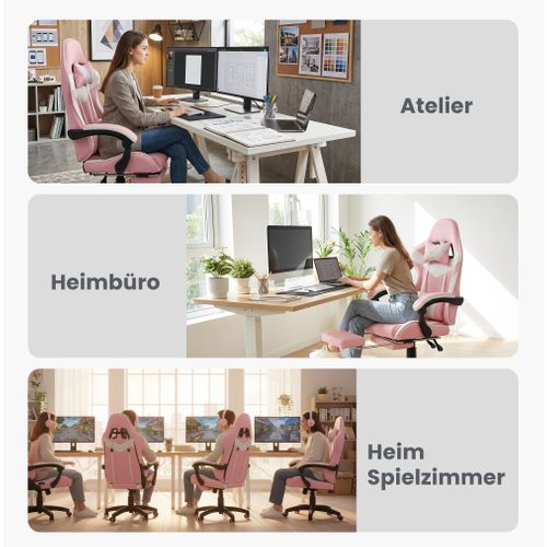 Fauteuil Gaming Ergonomique Rose/blanc Avec Massage, Support Lombaire Et Repose-pieds