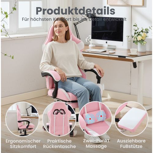 Fauteuil Gaming Ergonomique Rose/blanc Avec Massage, Support Lombaire Et Repose-pieds
