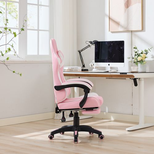 Fauteuil Gaming Ergonomique Rose/blanc Avec Massage, Support Lombaire Et Repose-pieds