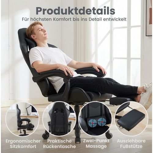 Fauteuil Gaming Ergonomique Noir Avec Massage, Support Lombaire Et Repose-pieds