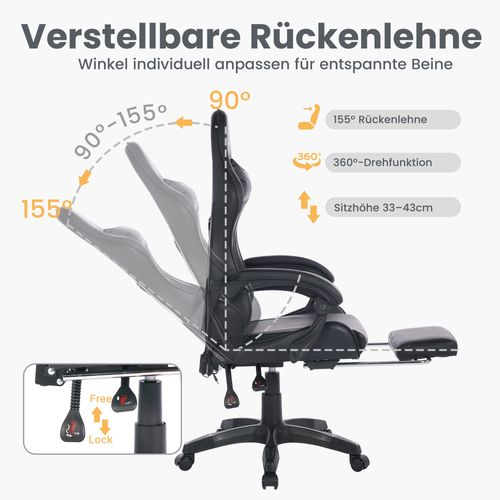 Fauteuil Gaming Ergonomique Noir Avec Massage, Support Lombaire Et Repose-pieds