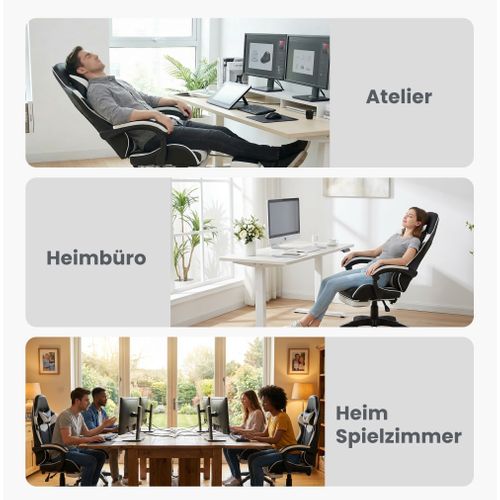 Fauteuil Gaming Ergonomique Noir/blanc Avec Massage, Support Lombaire Et Repose-pieds