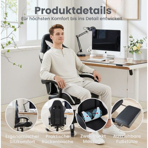 Fauteuil Gaming Ergonomique Noir/blanc Avec Massage, Support Lombaire Et Repose-pieds