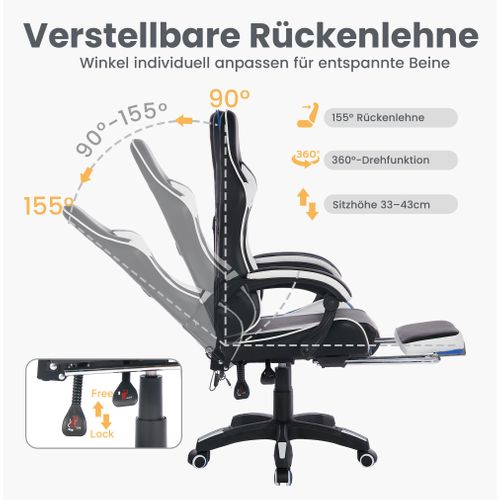 Fauteuil Gaming Ergonomique Noir/blanc Avec Massage, Support Lombaire Et Repose-pieds