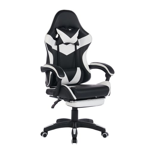 Fauteuil Gaming Ergonomique Noir/blanc Avec Massage, Support Lombaire Et Repose-pieds