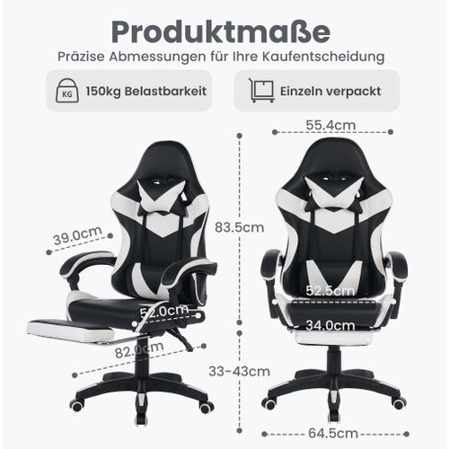 Fauteuil Gaming Ergonomique Noir/blanc Avec Massage, Support Lombaire Et Repose-pieds