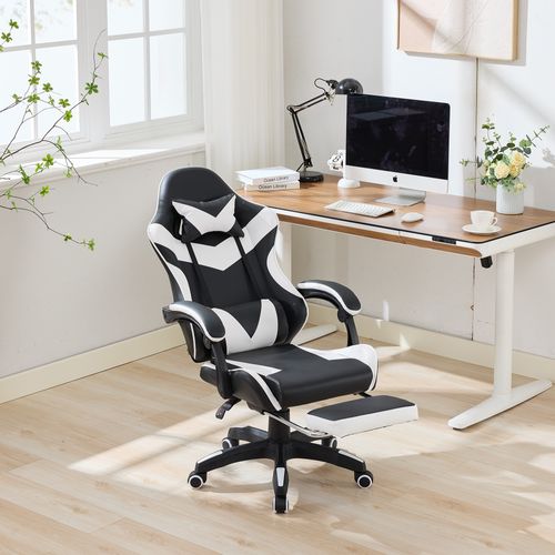 Fauteuil Gaming Ergonomique Noir/blanc Avec Massage, Support Lombaire Et Repose-pieds