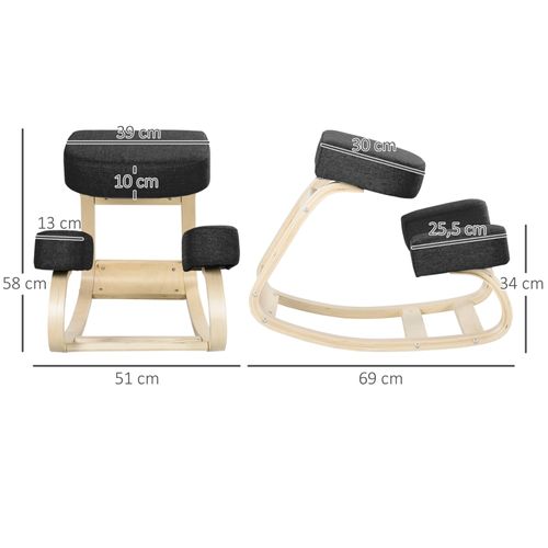 Tabouret à Genoux Ergonomique En Bois De Bouleau, Pour Posture Saine, Noir