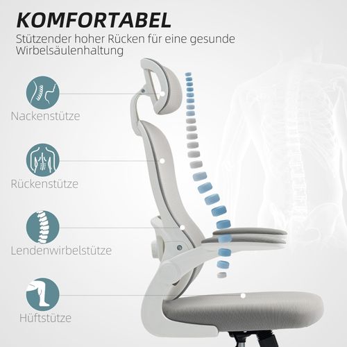 Fauteuil De Bureau Ergonomique Gris Avec Dossier En Maille, Appui-tête Et Accoudoirs Rabattables