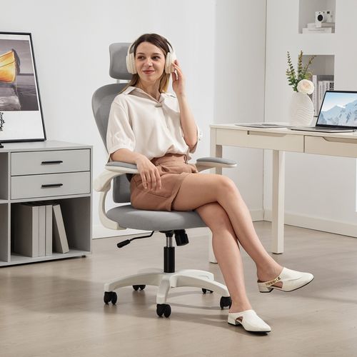 Fauteuil De Bureau Ergonomique Gris Avec Dossier En Maille, Appui-tête Et Accoudoirs Rabattables