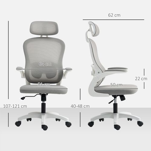 Fauteuil De Bureau Ergonomique Gris Avec Dossier En Maille, Appui-tête Et Accoudoirs Rabattables