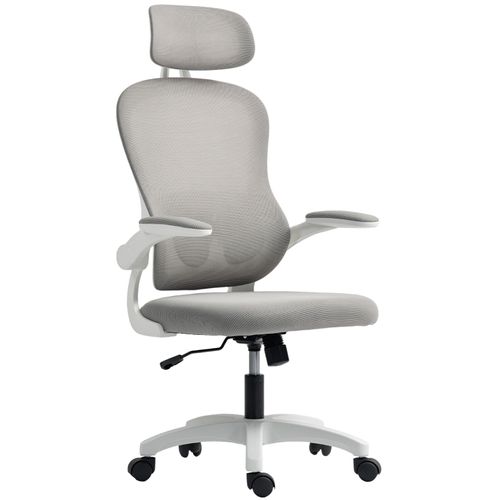 Fauteuil De Bureau Ergonomique Gris Avec Dossier En Maille, Appui-tête Et Accoudoirs Rabattables