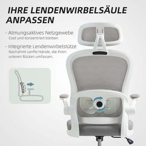 Fauteuil De Bureau Ergonomique Gris Avec Dossier En Maille, Appui-tête Et Accoudoirs Rabattables