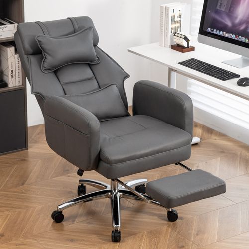 Fauteuil De Bureau Ergonomique Gris Foncé En Cuir Technologie, Repose-pieds Et Dossier Inclinable