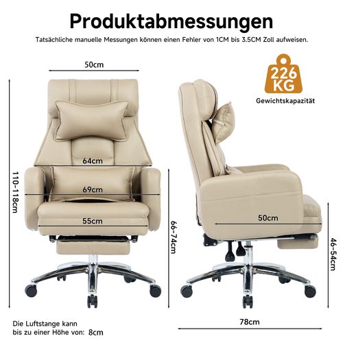 Fauteuil De Bureau Ergonomique Beige En Cuir Technologie, Repose-pieds Et Dossier Inclinable