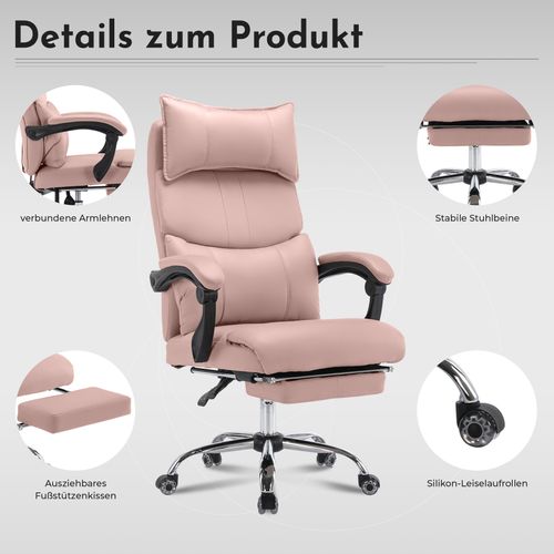 Fauteuil De Bureau Rose En Pu Avec Soutien Lombaire Double Et Rotation 360°