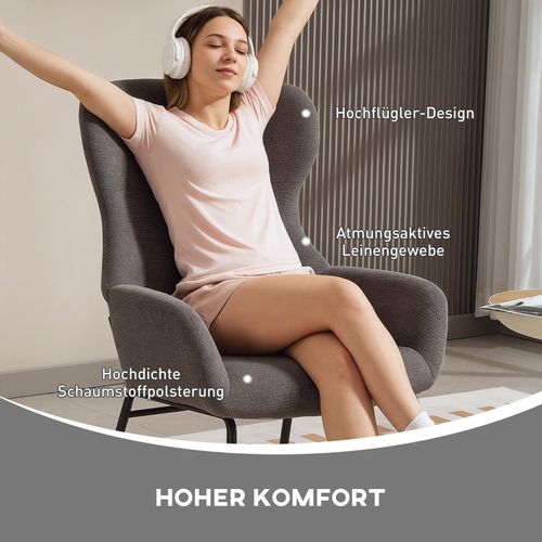Fauteuil Moderne Style Oreilles Gris, Dossier Haut Rembourré Et Pieds Métal