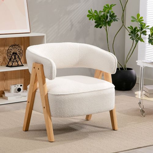 Fauteuil Moderne Blanc En Fleece Avec Accoudoirs, Structure Métal Et Pieds Bois
