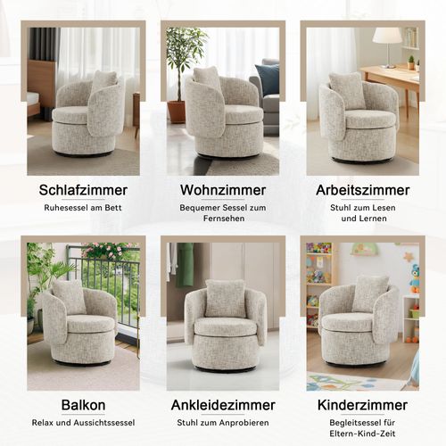 Fauteuil Pivotant 360° En Chenille Avec Rangement Caché Et Coussin Épais, Beige