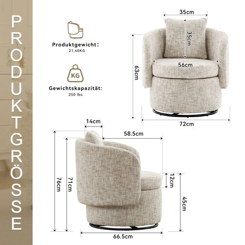 Fauteuil Pivotant 360° En Chenille Avec Rangement Caché Et Coussin Épais, Beige