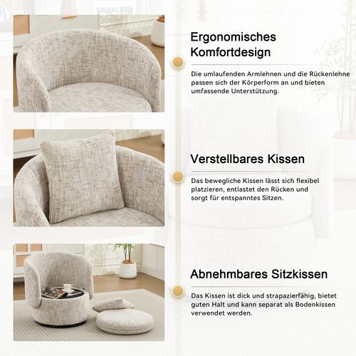 Fauteuil Pivotant 360° En Chenille Avec Rangement Caché Et Coussin Épais, Beige