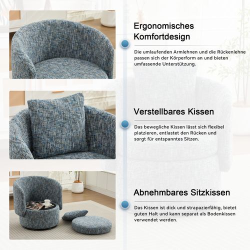 Fauteuil Pivotant 360° En Chenille Avec Rangement Caché Et Coussin Épais, Bleu