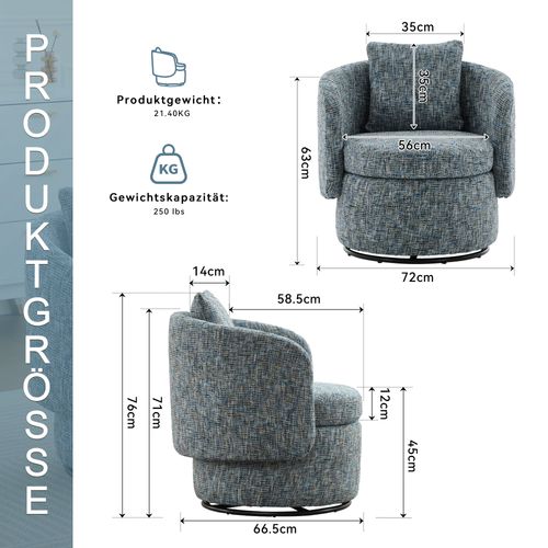 Fauteuil Pivotant 360° En Chenille Avec Rangement Caché Et Coussin Épais, Bleu