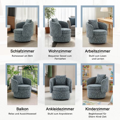 Fauteuil Pivotant 360° En Chenille Avec Rangement Caché Et Coussin Épais, Bleu