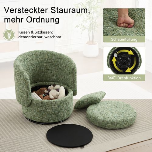 Fauteuil Pivotant 360° En Chenille Avec Rangement Caché Et Coussin Épais, Vert