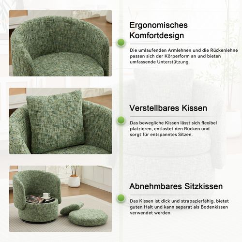 Fauteuil Pivotant 360° En Chenille Avec Rangement Caché Et Coussin Épais, Vert