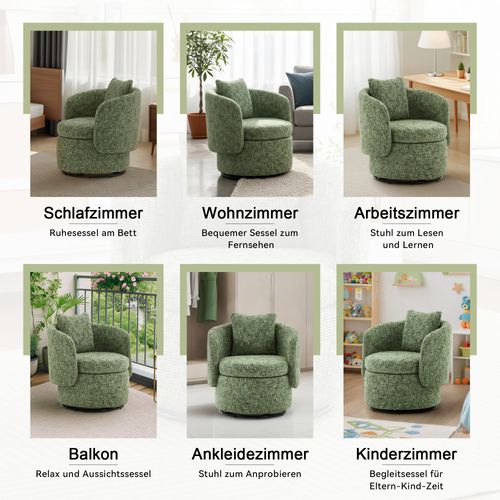 Fauteuil Pivotant 360° En Chenille Avec Rangement Caché Et Coussin Épais, Vert
