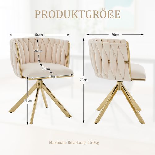 Fauteuil Velours 180° Pivotant Avec Structure Métallique Dorée Renforcée, Lot De 2, Crème