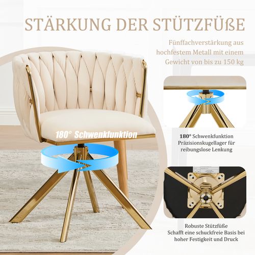 Fauteuil Velours 180° Pivotant Avec Structure Métallique Dorée Renforcée, Lot De 2, Crème