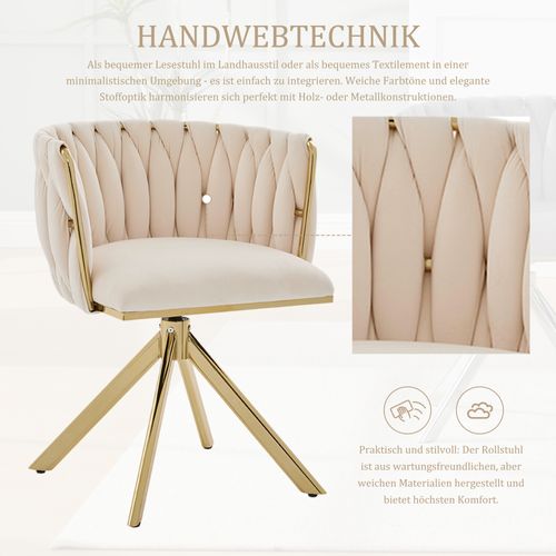 Fauteuil Velours 180° Pivotant Avec Structure Métallique Dorée Renforcée, Lot De 2, Crème