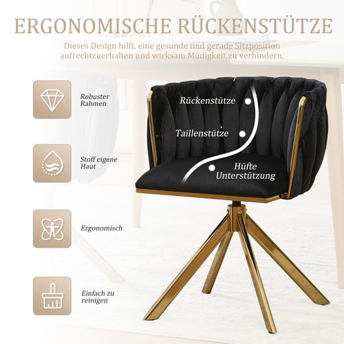 Fauteuil Velours 180° Pivotant Avec Structure Métallique Dorée Renforcée, Lot De 2, Noir