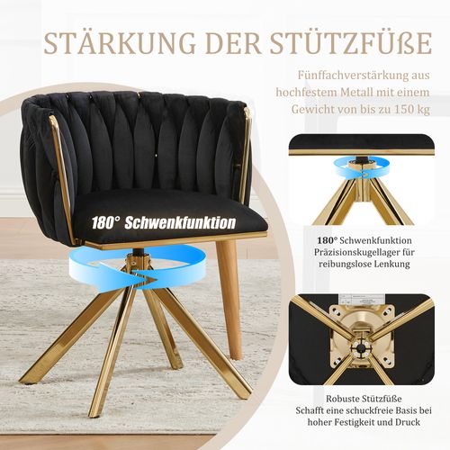 Fauteuil Velours 180° Pivotant Avec Structure Métallique Dorée Renforcée, Lot De 2, Noir