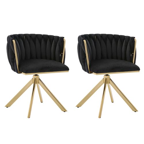 Fauteuil Velours 180° Pivotant Avec Structure Métallique Dorée Renforcée, Lot De 2, Noir