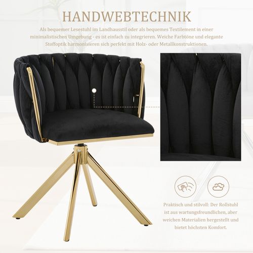 Fauteuil Velours 180° Pivotant Avec Structure Métallique Dorée Renforcée, Lot De 2, Noir