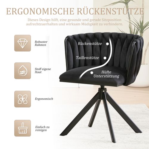 Fauteuil Velours 180° Pivotant Avec Structure Métallique Noire Renforcée, Lot De 2, Noir
