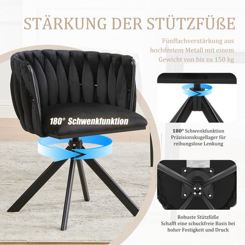 Fauteuil Velours 180° Pivotant Avec Structure Métallique Noire Renforcée, Lot De 2, Noir