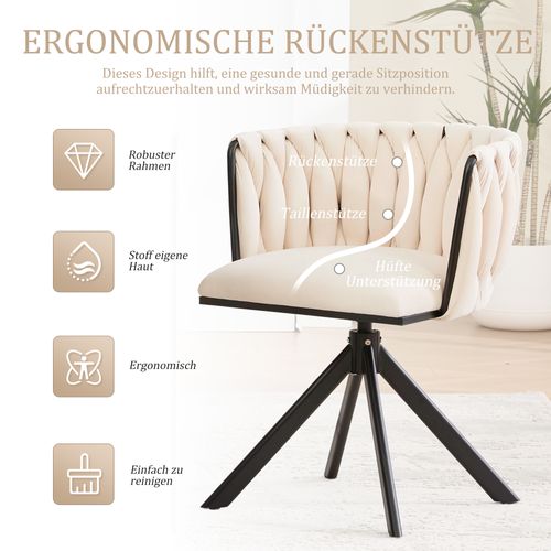 Fauteuil Velours 180° Pivotant Avec Structure Métallique Noire Renforcée, Lot De 2, Crème