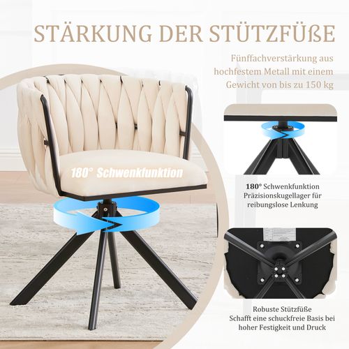 Fauteuil Velours 180° Pivotant Avec Structure Métallique Noire Renforcée, Lot De 2, Crème